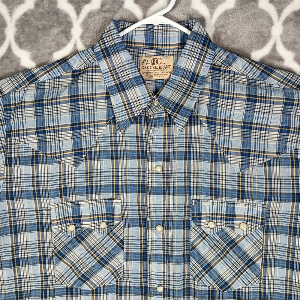 Dee Cee Western Shirt Men L Blue Plaid Pearl Snap Sawtooth Short Sleeve USA VTG